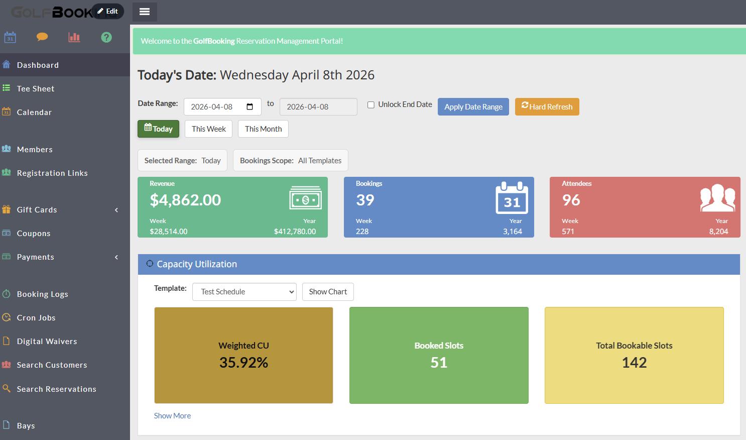 GolfBooking system snapshot: Admin dashboard