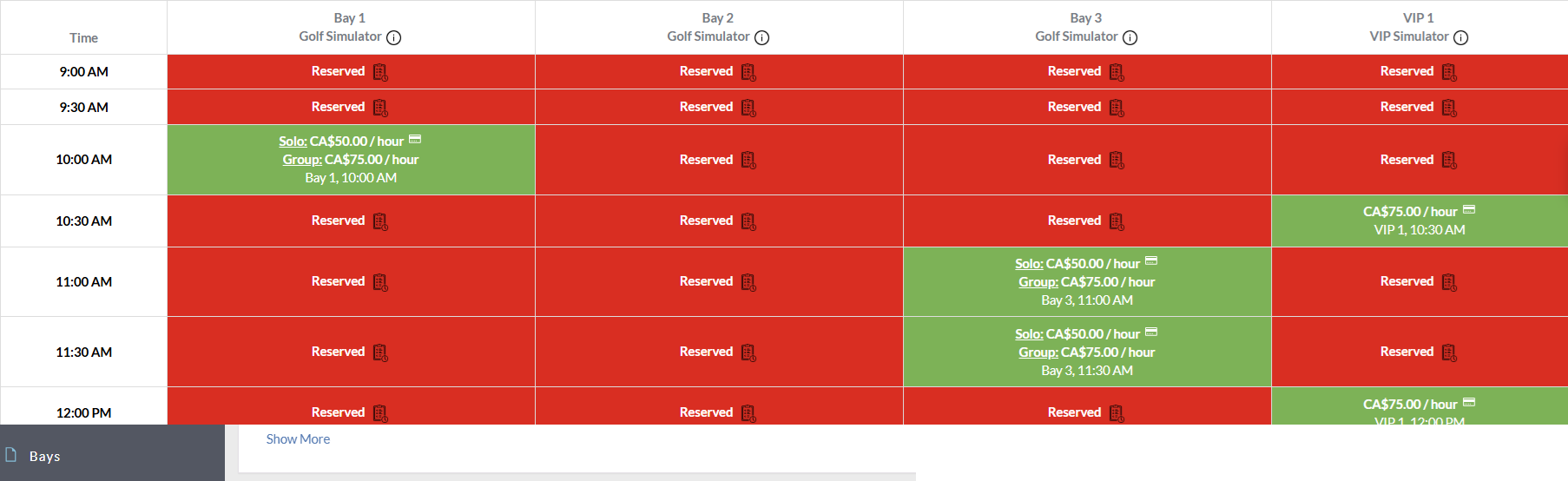 GolfBooking system snapshot: Customer tee sheet